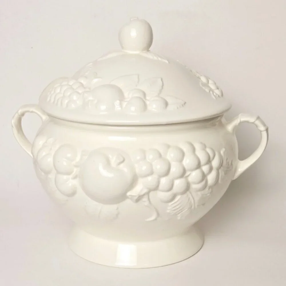 Vintage Signature Japan White Ceramic Soup Tureen Lid Ladle MCM Serving Bowl